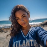 **a beautiful mixed-race woman wearing medium length brown hair with a blue v neck jersey that says "Atlantis" on it taking a selfie by the ocean on a beautiful sunny day with blue skies** - Image #1 <@1140312396750127224>