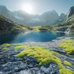 **Low-angle photo from below, realistic shot of a blue lake surrounded by mountains with green grass on the ground, clear sky, and sunlight in front of it. In the foreground is a gray rock surface covered with moss. The camera zooms out to show the entire scene of an alpine landscape. --ar 3:4** - Image #1 <@1356810696670707752>