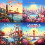 **coloring book cover drawing San Francisco, in the style of mixes realistic and fantastical elements, dreamlike illustrations, bloomcore, tasteful use of negative space, no text, sketchfab, adventurecore, magic realism --ar 83:107 --v 5.2** - <@1144501518293282817> (fast)