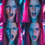 **a pink haired girl wearing librarian glasses. She has long brown straight hair and freckles. She is screaming in frustration looking at the camera. Neon pink and blue lights. Cyberpunk theme. --v 7.0** - Variations (Strong) by <@233729446534709248> (fast)
