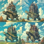 **giant tortoise floating through samsara with an elaborate house on its back, the house has a mansard roof, in the style of 2003 teen titans --ar 4:3 --stylize 200 --niji 7** - Variations (Strong) by <@430059110969376778> (fast)
