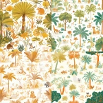 **Lovely children's wallpaper with fan palm trees, orange - green fronds, and adorable animals in the forest, white background, Scandinavian-style illustrations, hand-drawn doodles, cartoon characters, soft and rich colors, autumn season. The artwork features a variety of woodland creatures such as raccoons, possums, and rabbits. A chestnut tree with a thick canopy stands in the middle of the glade. It gives off a cozy and homely feeling. --ar 1:1 --niji 6** - <@409716268476923920> (fast)