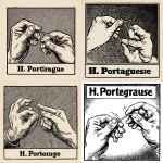 **A comic book panel of an old newspaper cartoon from the early 20th century, showing two hands holding a string. One hand is twirling it with its fingers and making an "h" shape with its wrist, while laughing maniacally at what it has found. The artwork is simple line art, in a bold print style, with black ink on a white background. The text reads "H Portuguese", indicating a vintage newspaper comic. --ar 52:53** - <@679760958868029589> (fast)