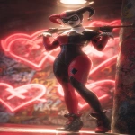 **Harley Quinn in her classic black and red jester outfit, standing under a glowing red spotlight, holding her bat over her shoulder, chaotic graffiti hearts and X’s on the wall behind her, playful but dangerous expression, cinematic red tones, space for lyrics --ar 9:16 --v 7.0** - Image #1 <@257221362568003584>