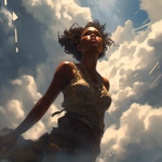 **low angle camera view, a character illustration, a black young muscular woman, thick clouds surrounding her, she is an elemental and she made of a golden light, she is looking to the sky and trying to reach out a female black skined hand in the clouds, craig mullins style --s 250 --v 5.0** - Image #2 <@942102369683001474>