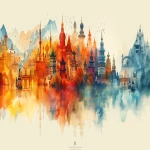 **An artistic horizontal illustration for a book cover and back cover (21x52cm) that merges the ancient Silk Road with the Valencian Fallas festival. The scene shows a poetic fusion of cultures: caravans of camels and silk merchants traveling alongside traditional falleras and fallero artisans, colorful fabrics, and monumental fallas sculptures inspired by oriental motifs. In the background, ships from the Mediterranean trade routes, ancient markets, and lanterns blend with fireworks and fire symbolism from the Fallas. Rich composition spanning both sides of the cover, hand-drawn aesthetic with detailed linework, mixed media illustration combining watercolor, ink, and gouache, visible paper texture, warm color palette (ochres, reds, golds, turquoise), elegant and narrative layout suitable for editorial design, cinematic depth, gentle light and organic imperfection --ar 52:21 --v 6.0 --stylize 500 --chaos 20 --raw** - Upscaled (Subtle) by <@1105852867564290119> (fast)