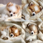 **fluffy white female pomeranian puppy with goldden brown markings fully covering both ears, slightly chubby body, long eyelashes, sleeping on a soft cream-colored blanket, just waking up, stretching paws, photorealistic lighting ar 9:16** - <@1192740390948847657> (fast)