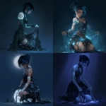 **a fantasy female with blue and black hair, she is wearing an outfit made of spider web fabric and has glowing white tattoos on her skin, kneeling down and holding up the bottom edge of her dress to make it look like there's a ball under her feet. she also wears tattered around her waist area. the background color should be dark blue, creating a mysterious atmosphere.** - <@450898678975168513> (fast)
