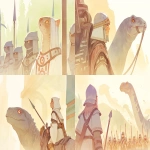 **cute medieval cat rides a diplodocus into battle --ar 3:2 --sref 1107237009 --profile xd6tqqy --sw 400 --stylize 800 --niji 6** - <@937851746712186921> (relaxed)