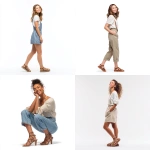 **retail advertisement style, photography, side profile, female shoe model in casual clothing wearing sandals, white background, studio, smiling, full body shot --v 7.0** - <@1080232511734554834> (fast)