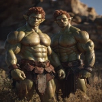 **Realistic 3d rendering. Full body portrait of two characters. ruggedly handsome, Hyper muscular handsome twin green skinned orcs, bright silver eyes, short curly redred hair, short pointed ears, defined muscles, pronounced features, hyper muscular, wide Grecian nose, strong square jaw, defined cheek bones, masculine features, freckles. Bodybuilder. wearing a tight short leather skirt. His oiled skin glistens under intense studio lighting. A strong camera flash highlights the shine on his muscles, creating bright reflections on his body, arms, and thighs. Retro fitness photography style, slightly exaggerated lighting contrast, 90s magazine aesthetic, center-framed, studio portrait shot. Standing and posing in a sunny rocky field. --ar 5:6 --v 7.0** - Image #4 <@1222981214734913607>