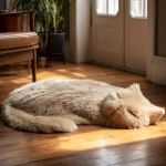 **A faux fur rug shaped like sleeping cat pose, soft fluffy fur forming a relaxed cat pose, natural cat silhouette, placed on a wooden floor in a cozy living room, warm ambient light, realistic home interior, premium home decor rug** - Image #2 <@847871507090112512>