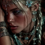 **close-up of a high fashion model wearing intricate iridium necklace, earrings, bracelets, and hair decorations, --v 7.0** - Image #3 <@559099678189289495>