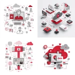 **A minimalist graphic design in red and gray colors, a big Symbol for Health, Clinic, Videoconference, legal dokuments, a cloud-computer, a screen. On a pure white background. Small icons representing law, external consultants are shown as sharp, fascinating objects. The overall composition should convey the message that secure video conferencing is maximal important. Style: Clean, modern, corporate design with sharp contrasts between red and gray elements** - <@1092756638915629066> (fast)