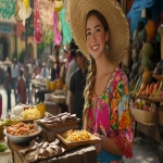 **Create a hyper-realistic street scene in Mexico City featuring actress Sydney Sweeney as a cheerful street vendor selling traditional Mexican huaraches (both the leather sandals and the oval-shaped corn masa dish). She is wearing a colorful embroidered blouse with bright floral patterns, a woven straw hat for sun protection, and a wide friendly smile. Her stall is a rustic wooden table covered with a vibrant sarape cloth, displaying neatly arranged leather huaraches in various sizes, alongside plates of freshly made huaraches de nopal with salsa and toppings. The background shows a lively Mexican street market with papel picado decorations, warm golden hour sunlight casting soft shadows, and customers passing by. The atmosphere is festive, colorful, and full of cultural detail, with realistic textures of leather, wood, and food. --v 6.1 --ar 16:9** - Image #2 <@1033258789991895111>