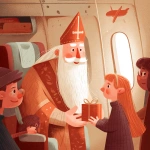 **Saint Nicholas gives a gift to a child in the airplane cabin, a cute commercial illustration in light orange white and bright red tones, adding an atmosphere of Christmas and magic --v 7.0** - Image #4 <@1178911175929499672>