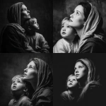**mother Mary holding young Jesus both looking up black and white photography --v 7.0** - <@819073620625981460> (fast)
