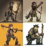 **The character is a rugged, cartoonish figure with glowing pale eyes and a wild, unkempt beard that nearly covers his entire chest. He wears a torn bandana, fingerless gloves lined with metal colonnade-like spikes, and tattered pants held up by a thick belt stuffed with tools and trinkets. Tattoos and markings cover his arms, giving him a rebellious, battle-worn look. He grips a large, makeshift staff adorned with scraps and carvings, suggesting he’s both a fighter and a scavenger. His stance radiates defiance and grit, with a darkly humorous aura that makes him seem like a survivor of a post-apocalyptic wasteland or a haunted battlefield. --v 7.0** - <@1018138887199129620> (fast)