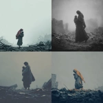 **An evocative and minimalist digital artwork, medium shot, rendered in a dark, monochromatic style consistent with previous designs, with a single muted color highlight. The composition features a silhouetted figure of a woman, draped in a subtly colored shawl, tenderly carrying a small, lifeless child in her arms. They are depicted walking amidst a desolate landscape of dark, indistinct rubble and debris, suggesting the ruins of destroyed buildings. The background is a blurred expanse of gray tones, emphasizing the bleakness of the environment. The woman's posture and the way she holds the child convey profound grief and loss. The overall mood is deeply somber and poignant, highlighting the devastating human cost of conflict and the heartbreaking reality of mothers burying their children amidst the destruction, presented with a stark and uncluttered visual approach** - <@1032195406119043132> (fast)
-# Create, explore, and organize on [midjourney.com](<https://midjourney.com/imagine?from_discord=1>)