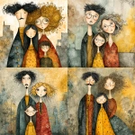 **whimsical photorealistic illustration of a fathers d mother with their girl and boy, father has black hair and a moustache, he’s wearing glasses, mother has curly blonde hair and she’s wearing glasses girl has dark brown hair and she’s wearing glasses, son has brown hair and is older and taller than the young girl --v 7.0 --p b3kgthr --s 750** - <@520759084903956481> (fast)