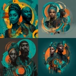 **The image is a stylized digital illustration celebrating Black History Month. The focal point is a portrait of a Black man and woman, depicted from the chest up, The woman is adorned with a head wrap and elaborate earrings. Her expression is stoic and powerful, with a direct gaze. She is surrounded by vibrant, abstract elements. The man African American and is wearing African garb. Behind them, concentric circles of teal and orange create a dynamic backdrop, suggesting energy and movement. The overall color palette is rich and saturated, with a predominance of teal, orange, and black. Teal is used for the background elements and the figures' clothing, Black serves as a grounding element, framing the composition and providing contrast. The composition is balanced, with the figuress portrait at the center and the surrounding elements creating a sense of depth and visual interest. The artwork has a modern, artistic feel, with a strong emphasis on color and symbolic imagery.** - <@817880507983069194> (fast)
-# Create, explore, and organize on [midjourney.com](<https://midjourney.com/imagine?from_discord=1>)