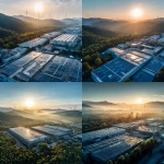 **Industrial manufacturing plant with solar panel rooftops, seen from top angle, glowing with bright morning sun, eco-friendly clean energy atmosphere, surrounded by forests and hills, distant wind turbines, crystal clear sky, cinematic sunlight effect --v 7.0** - <@427615579231485956> (fast)