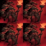 **A dungeons and dragons style comic book illustration of a muscular red female pit fiend devil holding a flaming mace and wearing a chunky crudely crafted iron helmet that completely covers her eyes, horns and spikes should come out of her dark red skin, large sharp claws, bits of crude armor --v 7.0 --ar 2:3** - Variations (Region) by <@478047972412620803> (fast)