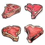 **T-bone steak cartoon-style illustration, bold and simplified with thick black outlines, flat colors only (red, pink, white, black), minimal shading, clean vector-style look, isolated on white background, ideal for rug design --v 6.0 --ar 1:1 --raw** - <@795458731428544552> (fast)