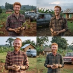 **A red-haired man, wearing a plaid shirt, smiling, happy, with a cassava in his hands in a bucolic rural setting. In the distant background, a house and a car.** - <@1120869095131324497> (fast)