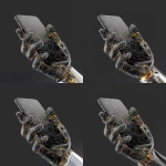 **iphone17, straight on, held by robot hand made of coding lines --v 7.0** - Zoom Out by <@1048326817838280714> (fast, stealth)