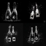 **album art cover of 2 bottles of silver ace of spades champagne bottles that are popped and spraying everywhere with a black background. The theme is minimalistic and black and white** - <@858514381120602142> (fast)