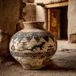 **ancient New Mexico pottery olla with stylized lizard procession band (gecko-like silhouettes, non-sacred, geometric, thin-line), black-on-white, weathered matte slip, small chips; near a tan adobe doorway with wooden lintel, soft late sun, watercolor granulation, in the style of E. H. Shepard, 1910 respectful, non-sacred motifs, not a museum label --ar 4:5 --stylize 300 --chaos 4 --no glossy glaze, no text, no logos --raw** - Image #1 <@1081749564803010630>