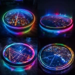 **a circular media table glowing in the dark, displaying a bluish satellite image of a city at night on its surface, around the rim of the circle five vivid colored lights (red, blue, green, yellow, purple) are arranged, each emitting radiant energy, sparking and interacting with each other like a living network, futuristic design, cinematic lighting, high detail, ultra realistic, sci-fi atmosphere, 8k --ar 1:1 --v 6.0 --raw** - <@1149638156367441920> (fast)