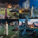 **The painting of a woman standing in a long dress at night in a meadow with the ruins of a church, surrounded by broken walls, an old burning car, an old armchair, as if moving, was painted by Jenny Saville.** - <@1106776019475636345> (fast)