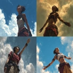**low angle camera view, a character illustration, a black young muscular woman, she is looking to the sky and trying to reach out the clouds, craig mullins style --ar 4:3** - <@942102369683001474> (fast)