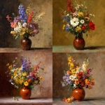 **A bouquet of Texan wildflowers in a glossy vase, with a warm, light color scheme in the background, in the painting style of Ilya Repin.** - <@397396364566462464> (fast)