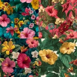 **flat graphic design, granado a brazilian pharamcy out of rio dejanerio, large scale floral pattern stylizied just like they show in their stores and on their website, pixelated illustration, flowers such as hibiscus, orchids, Anthuriums, and Heliconias with big tropical kelly green leaves in the background, --tile** - <@1173644971937636354> (fast)