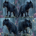 **An ultra-realistic, cinematic portrait of a majestic and powerful black panther character, the vigilant protector of his family. He is standing guard on a moss-covered rock overlooking a valley, his posture calm but intensely alert, muscles defined beneath his fur. In the soft-focused background, his younger sister and mother are visible, resting peacefully. His deep black fur is subtly infused with an intricate pattern of glowing, golden constellations and faint cyan bio-luminescent circuits that seem to pulse with a soft, protective energy. His intelligent eyes have a gentle, golden glow. The scene is set in a mystical, futuristic jungle at twilight, with glowing flora and beautiful bokeh in the background, hyper-detailed, ethereal lighting, shallow depth of field. --ar 16:9 --s 400 --raw** - Variations (Strong) by <@1154898485301227621> (fast)