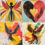 **Music graphic design block print with crayon / brushstrokes. Depicting an image of angel love. The overall style is very abstract and minimalist tribal with a lot of energy --v 6.1** - <@886913816171008040> (fast)