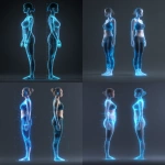 **realistic full-body 3D scan of a woman with BMI 25, standing straight with feet together, arms relaxed at sides, front and side view side-by-side, visible body fat and curves, holographic wireframe style, glowing blue digital lines, realistic human anatomy, medical scan aesthetic, dark gray seamless background, professional studio lighting, scientific visualization, not stylized** - <@1203000771008921600> (fast)