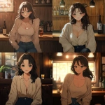 **a woman sitting in a cozy wood-paneled bar. she wears a cream blouse and cardigan sweater anime style --cref <https://s.mj.run/SWOi_tRUrfw> --cw 0 --v 6.1** - <@334398819246538773> (fast)