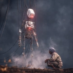 **realistic, 8k, of a porcelain doll type robot, hanging by wires from the torso, eyes red, wires and circuits showing. The robot hovers suspended by wires. The atmosphere is dark and smokey. It hangs above a man dressed in rags, the old man is indigenous, he kneels on his knees while wires hold his arms down.** - Image #2 <@692146423638261810>