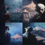 **a clown with no eyes barely visible in a very dark black shadow covering his left side in the foreground on the front left side of the painting, there is a full sized weird carnival in the background on the right side, dynamic angle, painting, --ar 8:11** - <@1035886146422583346> (fast)