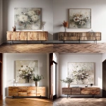 **a large floral abstract painting on canvas displayed above a modern rustic wood sideboard with black metal legs. the painting features neutral tones and faded, muted colors. the room has herringbone floors, reflecting a luxury home interior design that is both edgy and minimalist. --ar 51:64** - <@1313000520759377972> (fast)