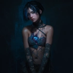 **fantasy concept character, there is a hole in her chest and you can see her heart and inside of her chest there are spiderwebs, she looks sad, she has short black hair with blue strikes, wearing rags and gladiator heels --v 7.0** - Image #3 <@450898678975168513>