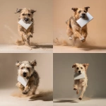 **A scrappy, medium-sized mixed-breed dog dashes through a professional photography studio, solid cream background, clutching a white Moleskine notebook in its mouth. The camera follows in a dynamic tracking shot at low angle, emphasizing the dog’s swift movement and determination. Dust kicks up with each step, bright soft lighting , casting warm highlights on the scene. Happy mood, occasional barking, footsteps echoing faintly. Style is naturalistic, clean and minimalist, capturing spontaneous life. No humans visible. Cinematic, no subtitles. --s 50 --raw** - <@1041542379544526880> (fast)