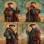 **photorealistic, klimt, A young enthusiastic Middle Eastern boy of royal birth standing holding a tall ornate wooden wand upright, expression of fresh excitement and inspired vision, eyes bright with utsaha enthusiasm and discovery, wearing simple burgundy and teal robes with gold Klimt geometric patterns, royal court in the background, stance suggesting forward movement and exploration, background with open landscape or desert horizon suggesting new beginnings and possibilities, Byzantine gold mosaic patterns subtly in background, atmosphere of utsaha fiery enthusiasm and fresh magnetic center, sense of beginning student with untested but genuine inspiration, jewel tones of burgundy teal gold and warm earth tones, ornate baroque frame, mood of eager discovery and dynamic forward energy, pure enthusiasm before friction arrives, --ar 2:3 --raw** - Variations (Strong) by <@1122608133139857530> (fast)