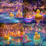 **A sparkling night pool background with glowing water reflections, floating yellow duck floaties, resort-style food and drinks like tropical cocktails, fruits, and desserts placed on inflatable trays or poolside tables, illuminated by soft neon lights and string lights, dreamy and relaxing resort atmosphere, highly detailed, vibrant colors, no people --ar 3:2 --v 7.0** - <@1118470570560987148> (fast)