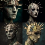 **a front facing mannequin with a few different sized spikes coming from its face, the mannequin has cuts and damage all over its face, male figure, stitches on face, tattered and torn details, dark eyes, very dark background, dark green colors, high detail, horror inspired** - <@702122213033246720> (fast)
