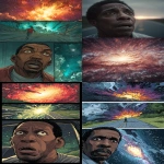 **Comic style. Split screen, on the top half astrophysicist Hakeem Oluseyi runs down the road, looking up in horror. On the bottom half of the screen, the Andromeda Galaxy explodes in space. Close-up portrait --ar 9:16 --v 7.0** - <@1146368219234443295> (fast, stealth)